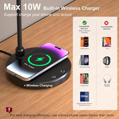 Desk Lamp for Home Office, Small Desk Lamp with Wireless Charger, Dimmable 3 Color Modes Study Lamp, Adjustable Neck 800LM Eye-Caring Desk Light, Bedside, College Dorm, Adapter Included