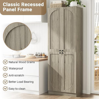 Cyclysio 80" Storage Cabinet, Tall Arched Bookcase with 4 Soft Close Doors, 6-Tier Wooden Pantry with Adjustable Shelves, Seamless Fit Wall for Home Office, Living Room, Kitchen (Ash Grey)