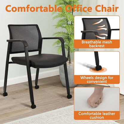 CLATINA Mesh Back Guest Reception Stacking Chair with Wheels, Waiting Room Stackable Chairs with Upholstered Leather Seat & Ergonomic Lumbar Support for Office Conference School Lobby, Black, 4 Pack