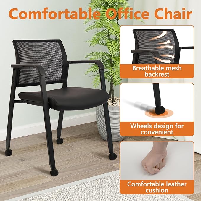 CLATINA Mesh Back Guest Reception Stacking Chair with Wheels, Waiting Room Stackable Chairs with Upholstered Leather Seat & Ergonomic Lumbar Support for Office Conference School Study Lobby, Black