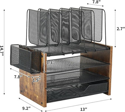 OPNICE Desk Organizer, 4-Tier Desktop File Organizer with Drawer and 2 Pen Holders, Office Desk Accessories, Workspace Organizers for Office Supplies(Brown Wood)