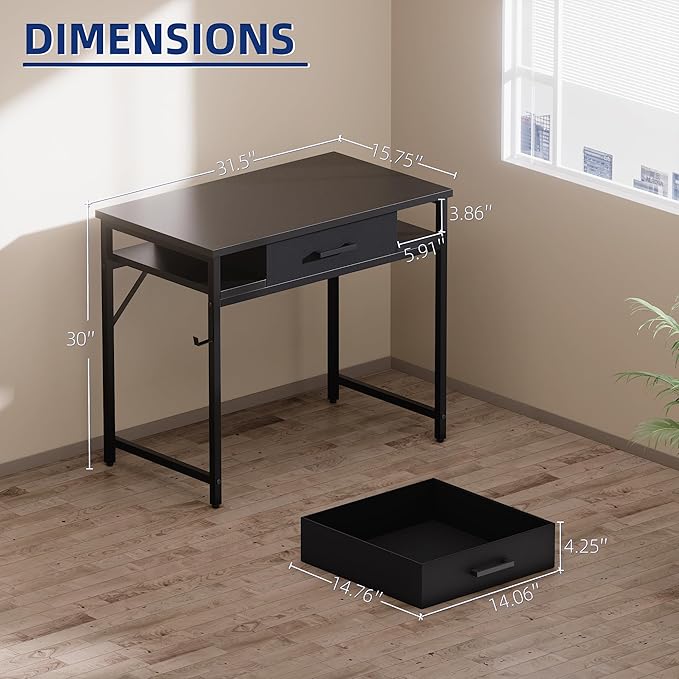 Pamray 32 Inch Small Computer Desk with Drawer and Shelves Simple Study Work Table for Bedroom Marble