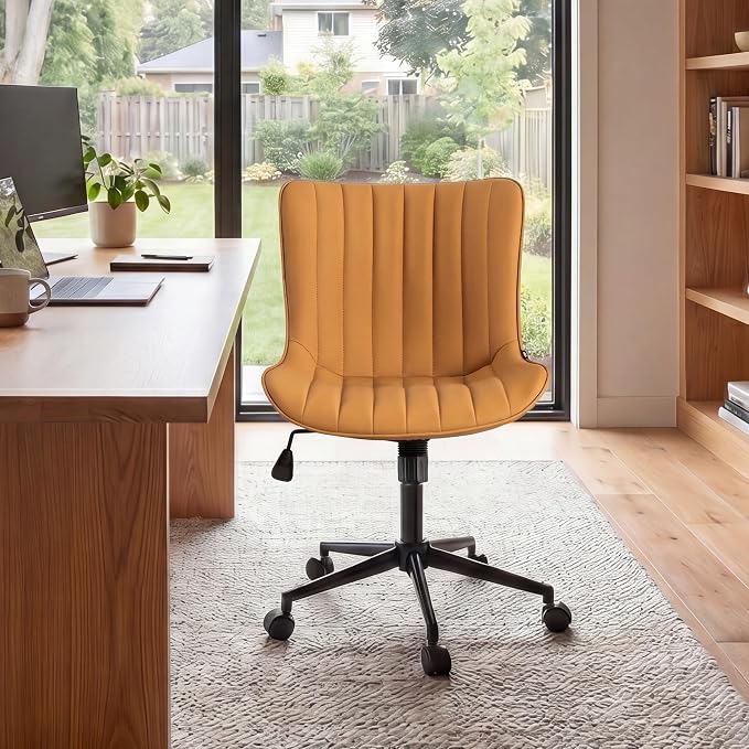 YOUNIKE Ergonomic Home Office Chair with Wheels Comfy Armless Desk Chair with Back Adjustable Height Modern Leather Upholstered Swivel Vanity Chair Small Cute Rolling Task Computer Chair Tan