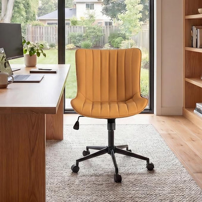 YOUNIKE Ergonomic Home Office Chair with Wheels Comfy Armless Desk Chair with Back Adjustable Height Modern Leather Upholstered Swivel Vanity Chair Small Cute Rolling Task Computer Chair Tan