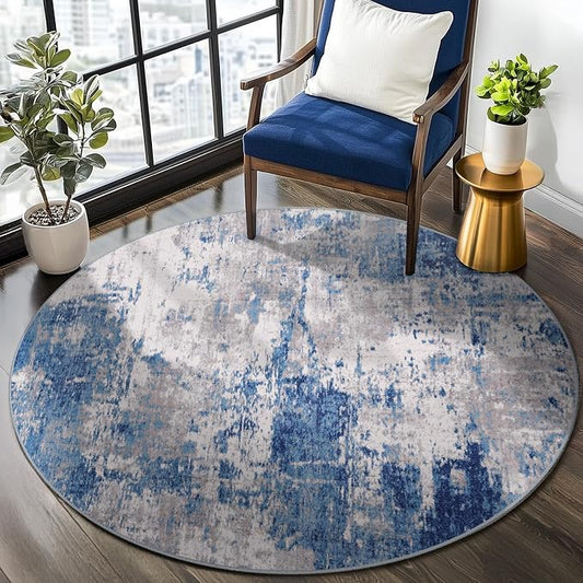 RELEANY Washable Area Rugs 4ft Non-Slip Modern Abstract Soft for Living Room Entryway Bedroom Kitchen, Print Pattern, Blue Grey Navy Gray