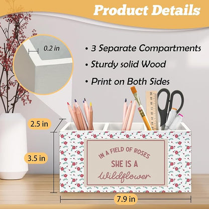 Boho Floral Inspirational Pen Holder Organizer for Desk Accessories, Motivational Gifts for Women, in a Field of Roses She Is a Wildflower Wooden Box Sign Desk Decorations for Girls Room Decor