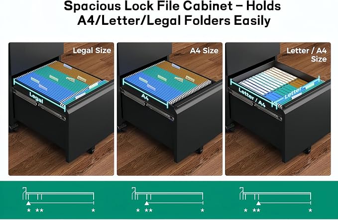 Approgreent 2 Drawer Metal File Cabinet, Fully Assembled Locking Filing Cabinet with Anti-Tipping Wheels, Quiet Slide, Heavy-Duty Steel Construction, Fits A4 Letter Legal for Home Office, Matte Black