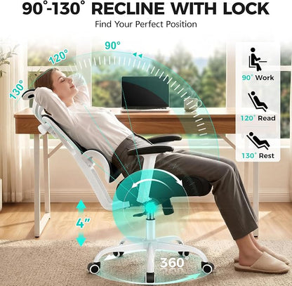 Ergonomic Office Chair High Back Desk Chair with Lumbar Support, Breathable Mesh Computer Chair with Adjustable Armrests Height, Reclining Swivel Big and Tall Gaming Chair for Home Office(White)