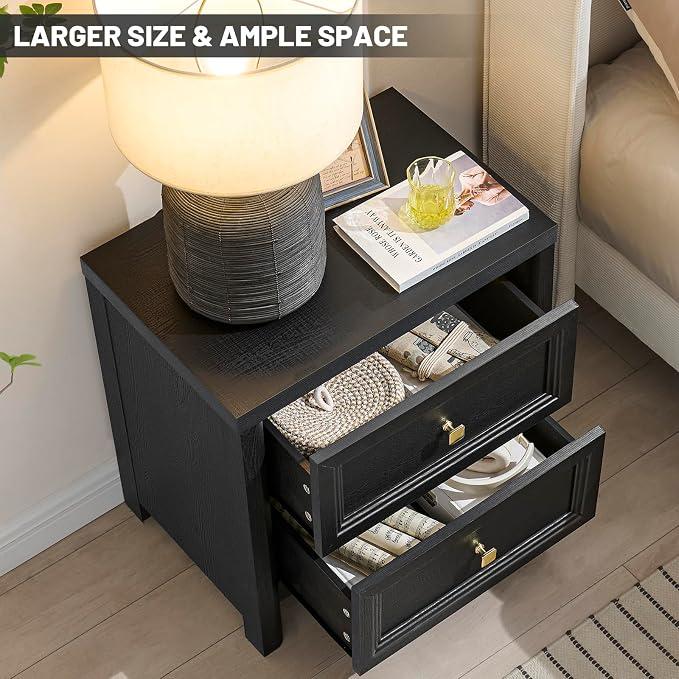 Black Nightstand Set of 2, Farmhouse Night Stand Set 2, Black and Gold Nightstand with 2 Drawers, Wood Bed Side Table for Bedroom, 23.3” Tall Nightstand with Gold Knob, Wooden End Table Sofa Couch