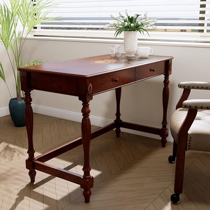 Desks with Drawers, 46" Home Office Desk with Stable Solid Wood Pedestral Legs, Vintage/Classic Style Computer Desk with Large Workstation for Home Office, Living Room Study or Workspace