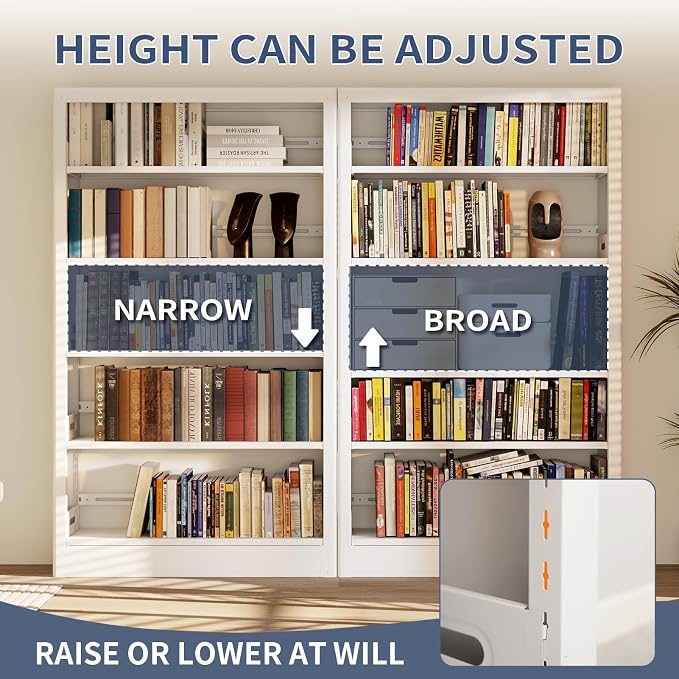 71" Expandable Combination Metal Bookshelf, 5 Tier Library Bookcase with Adjustable Shelves, Heavy Duty Bookshelves and Bookcases, Modern Book Shelf Tall Book Case/Shelves (73" W, White)