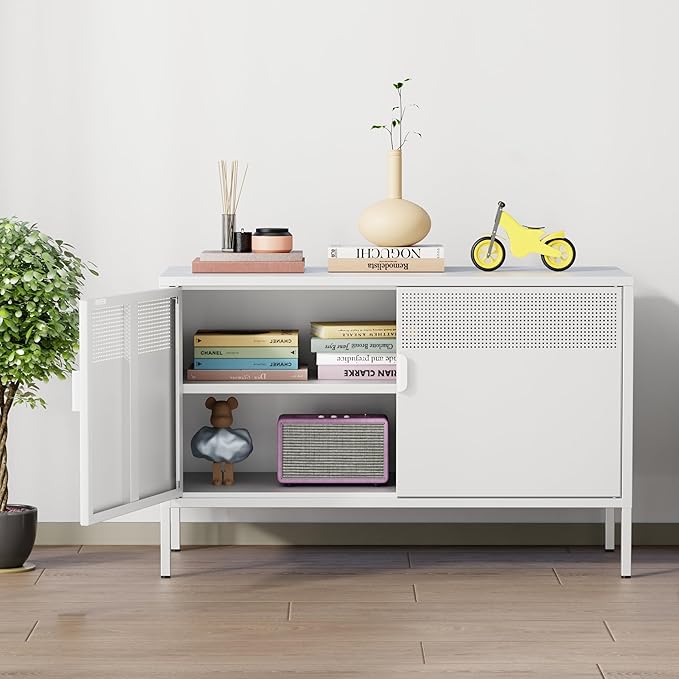 Chshin Metal Storage Cabinet with Doors,White Accent Cabinet,Metal Locker Storage Cabinets,2 Door TV Media Stand with Removable Shelves for,Home,Office,Entryway,Living Room