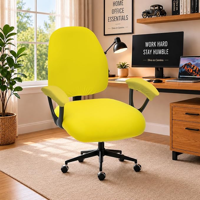 Stretchable Split Office Chair Seat Covers - Universal Stretch Computer Chair Slipcover - Washable Rotating Backrest Coverings & Cushion Protectors & Armrest Covers for Dogs, Cats, Pets, Yellow