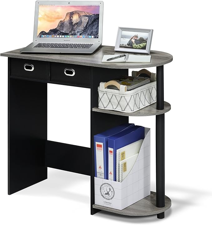 Furinno Go Green 32-Inch Brown Computer Desk, Office Desk with 2 Side Shelves and Storage Bins, Rectangular Home Office Desk, Gaming Desk for Home Office, Bedroom, Study Room, Grey Oak