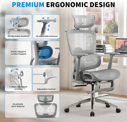 Mesh Ergonomic Office Chair with Footrest, Grey | High Back, Lumbar Support, Adjustable Headrest and Armrests, Gaming Chair,Home Office Desk Chair