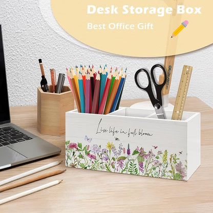 Rustic Spring Floral Pen Holder Organizer, Spring Desk Decor, Live Life in Full Bloom Wildflower Motivational Wooden Pen Pencil Holders for Home Office Desk Accessories