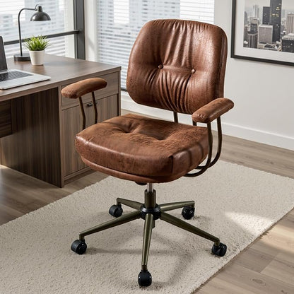 Ergonomic Home Office Chair, Mid-Century Faux Leather Home Office Desk Chairs with Wheels, Office Computer Chair with Rocking Swivel (Dark Brown,Suede)