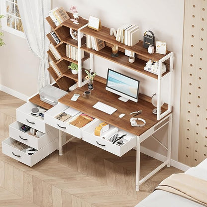 YOMILUVE Reversible Computer Desk with Hutch, Home Office Desk with 5 Drawers and Bookshelf, 52'' Study Writing Desk with Storage Shelves for Bedroom Home Office, Brown and White