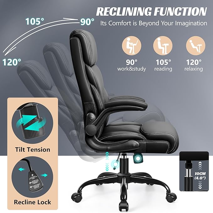 HeroSet Office Chair, Ergonomic Big and Tall Computer Desk Chairs, Executive Breathable Leather Chair with Adjustable Flip-up Armrests, Lumbar Support Swivel PC Chair with Rocking Function,Matte Black