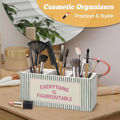 Inspirational Pen Holder Organizer for Desk Accessories, Inspirational Gifts for Women, Pink and Green Motivational Striped Wooden Box Sign Desk Decorations for Home Office Decor