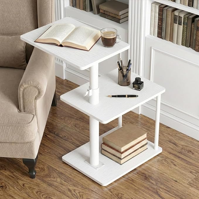 Faesun 360° Swivel Side Table for Height Adjustable, C Shaped End Table for Couch with Storage, 3-Tier Night Stand with Open Shelf, Tv Tray for Small Spaces, Living Room, Bedroom, White