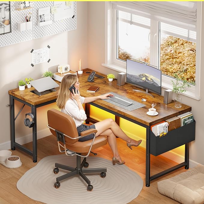 DurayLoly 55" Thicker L Shaped Computer Desk for Home Office, Brown | 0.95" Thick Desktop & Metal Frame Supports for Dual Monitors,Flexible Reversible Corner Desk for Bedroom