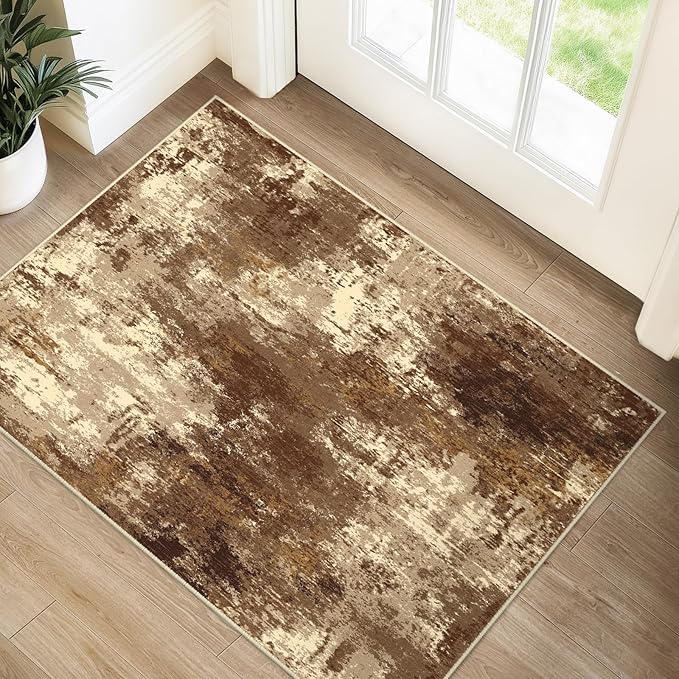RELEANY Washable Area Rugs 2'x3' Non-Slip Modern Abstract Soft for Living Room Entryway Bedroom Kitchen, Print Pattern, Brown Tan Beige Coffee