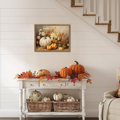 Framed Fall Pumpkin Wall Art - White Pumpkin and Autumn Floral Canvas Print, Rustic Farmhouse Harvest Halloween Thanksgiving Wall Decor for Living Room Bedroom Dining Room, 12x16in Wood Frame