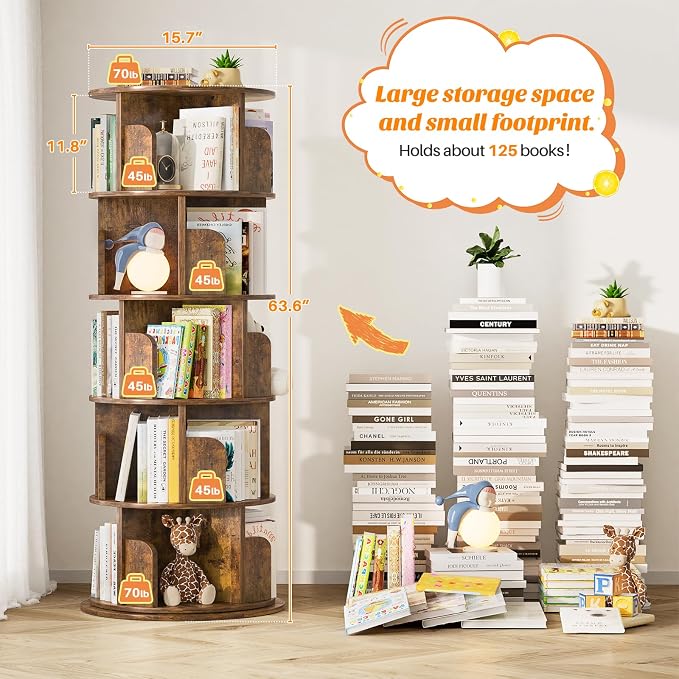 Aheaplus Rotating Bookshelf, 360 Display Wood Spinning Bookshelf Tower, 5 Tier Floor Standing Bookcase Storage Rack, Revolving Bookcase Corner Bookshelfs for Small Space, Study, Bed Room, Rustic Brown