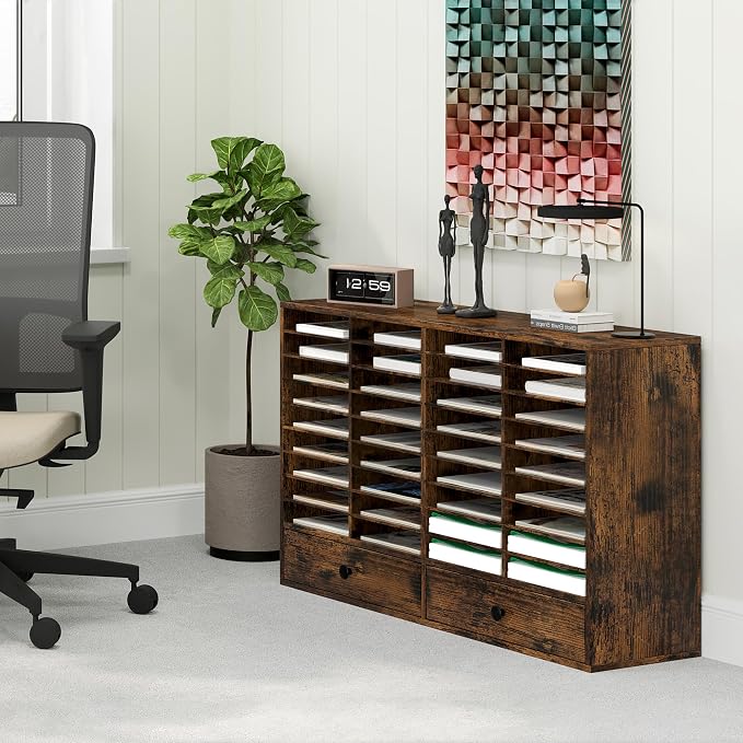 TQAVI Wood Classroom Mailbox 36 Compartments with 2 Drawer, Large Paper Organizer with Adjustable Shelves to Sorting Literature Bill, A4 Size File Organizer for Office School Home, Antique Brown