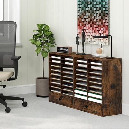 TQAVI Wood Classroom Mailbox 36 Compartments with 2 Drawer, Large Paper Organizer with Adjustable Shelves to Sorting Literature Bill, A4 Size File Organizer for Office School Home, Antique Brown