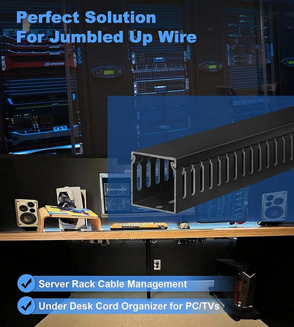 ZhiYo 2 x 2in Professional Server Rack Cable Management Raceway, 99in (6X L16.5in) Cable Raceway Kit, Electrically Safe PVC Open Slot Wire Raceway for Under Desk/Computer/Network Cords, Black