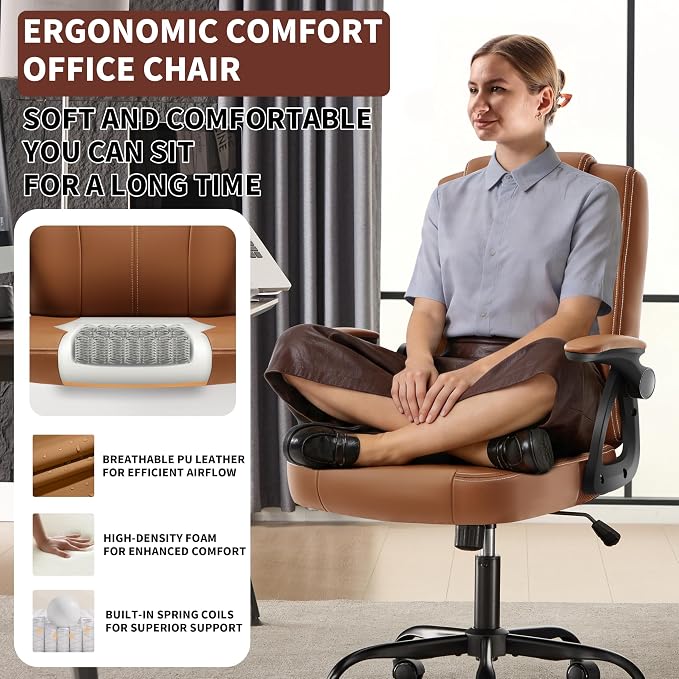 Executive Office Chair, Ergonomic PU Leather Computer Chairs, Executive Breathable Desk Chair with Padded Flip-Up Arms, 360° Swivel Rolling Chair Comfy Padded for Working Studying Gaming (Brown)