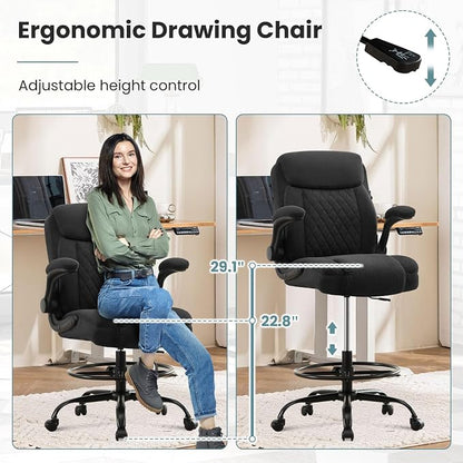 MAHOMICO Drafting Chair for Standing Desk – Tall Office Chair with Adjustable Height & Foot Ring, Flip-Up Arms, Lumbar Support – Comfortable Fabric Seat, Ideal Home Desk Chair