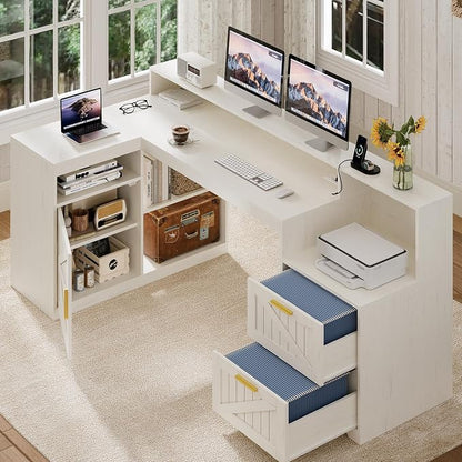 TVU Farmhouse L Shaped Desk with Drawers, 62.2" Home Office Desk with Storage Shelves and Power Outlet, L Shaped Computer Desk with Monitor Stand and Printer Shelf, White