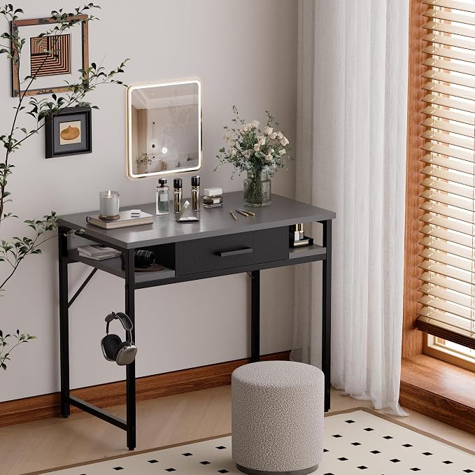 Pamray 32 Inch Small Computer Desk with Drawer and Shelves Simple Study Work Table for Bedroom Grey