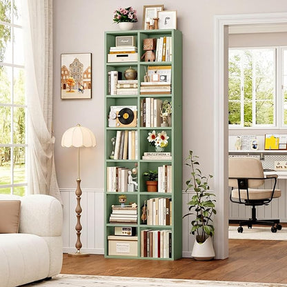 FOTOSOK 71'' Tall Bookshelf with 14 Cubes, 7 Tier Double Wide Bookshelf with 6 Adjustable Shelves, 19.6" Narrow Bookcase DVD/CD Media Storage Shelf, Space Saving Display Shelf Cabinet, Green