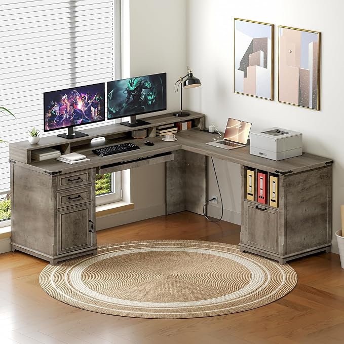 RALGEND 2 Pack Farmhouse 69" Executive L Shaped Desk with Drawer, Home Office Desk with Charging Station, Corner Computer Desk with Monitor Stand,Drawer,Storage Cabinet, Greige