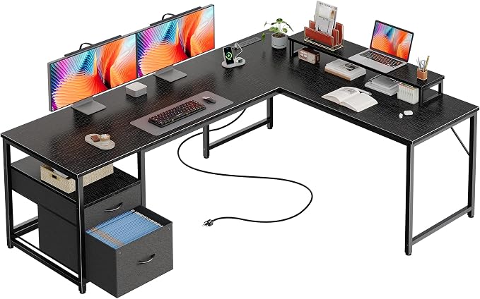 PRAISUN 63 Inch L Shaped Desk with Power Outlets and USB-C Port, Computer Corner Home Office Desk with File Fabric Drawers and Movable Monitor Stand, Larger Storage, Gaming, Writing, Work, Black