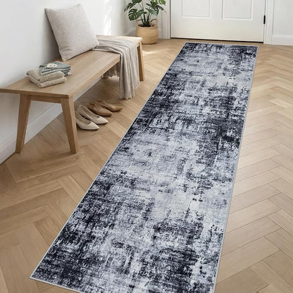2.6'x14' Runner Rug Washable Rug: Modern Abstract Soft Thin Runner Rug Dark Black