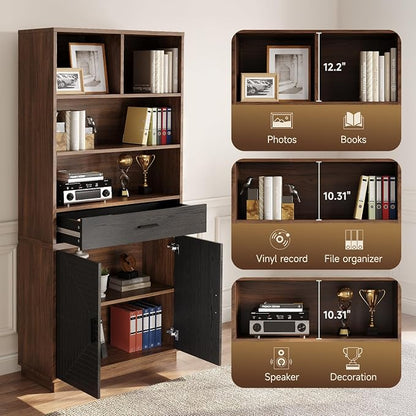 ONBRILL Home Office Furniture Sets, 63'' Standing Desk with 55'' File Cabinet, Electric Height Adjustable Standing Desk with 71'' Tall Modern Bookshelf, Home Office Furniture Set, Walnut