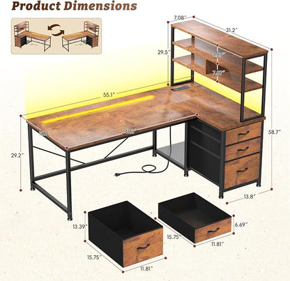 55"Computer Desk with Remote Aluminum LED Lights, 3 Fabric Drawers & 3 Shelves, Reversible L Shaped Desk Office Desk with Power Outlet and PC Stand for Gaming Desk, Corner Desk for Bedroom,Dorm, Brown