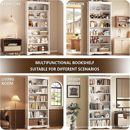TVU 6-Tier Wooden Bookshelf, 76 Inch Tall Bookshelf with Storage, Floor Standing Modern Style Display Bookcase for Living Room, Office, Study Room, Entryway, White