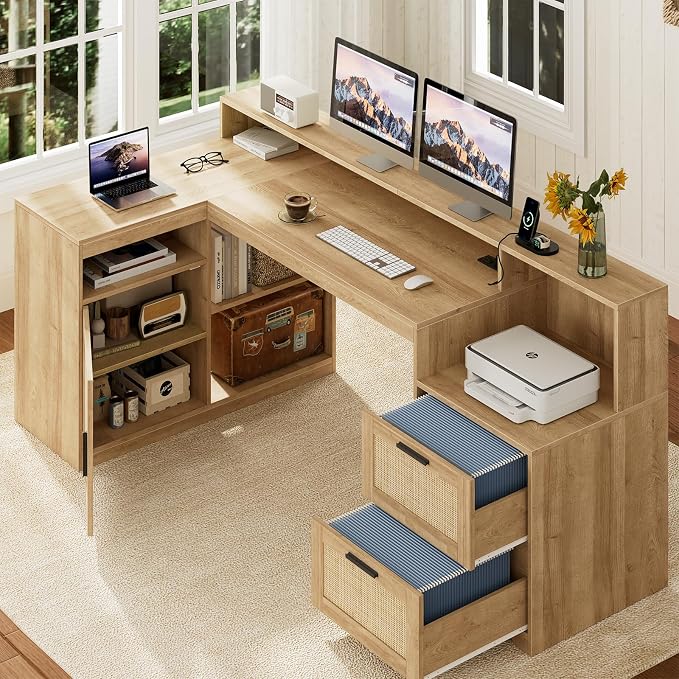 TVU Farmhouse L Shaped Desk with Drawers, 62.2" Home Office Desk with Storage Shelves and Power Outlet, L Shaped Computer Desk with Monitor Stand and Printer Shelf, Oak/Rattan