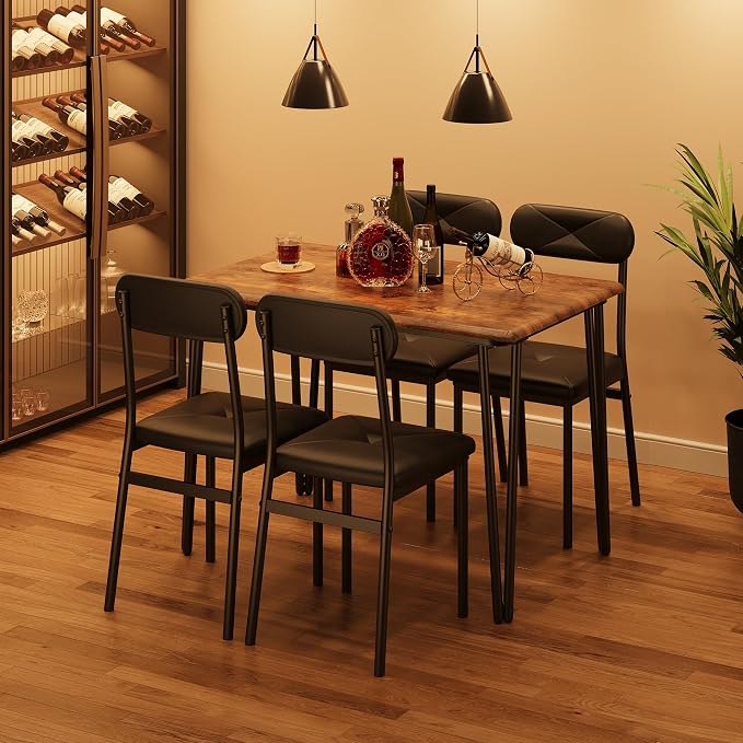 CABIHOME 4-Piece Compact Office Desk and Chair Set, Space Saving Dining Table and Chairs, Multi-Purpose MDF Table Set with Ergonomic Cushioned Chairs, Vintage Brown Waterproof, for Small Apartment/Kit