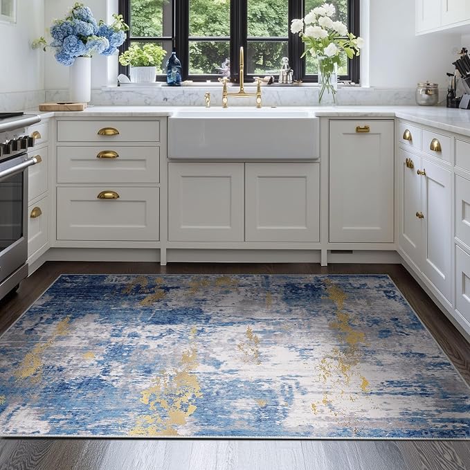 RELEANY Washable Area Rugs 4'x6' Non-Slip Modern Abstract Soft for Living Room Entryway Bedroom Kitchen, Print Pattern, Grey Blue Gold/Golden