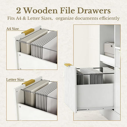 3 Drawer File Cabinet, Fluted Wood Lateral Filing Cabinet with Charging Station for Home Office, Fits for A4/Letter-Sized Files, Printer Stand with Open Storage Shelves, White