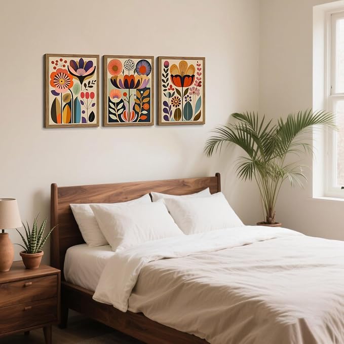 Framed Colorful Floral Wall Art Set of 3, Abstract Scandinavian Flower Canvas Wall Decor Paintings, Mid Century Modern Botanical Artwork Pictures Prints for Living Room Bedroom Dining Room 16x24 Inch