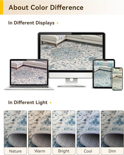 RELEANY Area Rugs Runner 2'6"x12' Washable Non-Slip, Floral Vintage Distress Medallion Carpet for Kitchen Hallway Bedroom Beside Laundry Room Bathroom, Light Blue Navy Gray White