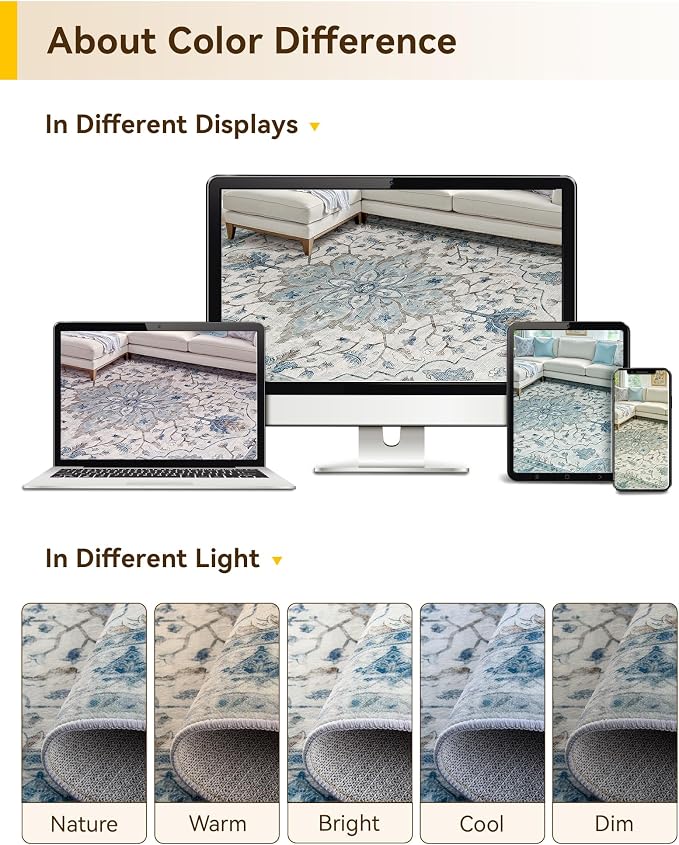 RELEANY Area Rugs Square 10ft Washable Non-Slip, Floral Vintage Distress Medallion Carpet for Living Room Bedroom Dining Room, Light Blue Navy Gray White